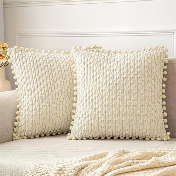 Pompom Cream Stripe Texture Corduroy Farmhouse Cute Luxury Soft Pillow Cover Set